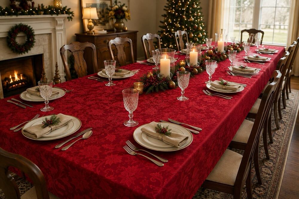 Poinsettia Red Damask Tablecloth Holiday 60x144 Oblong Stain Release NIP